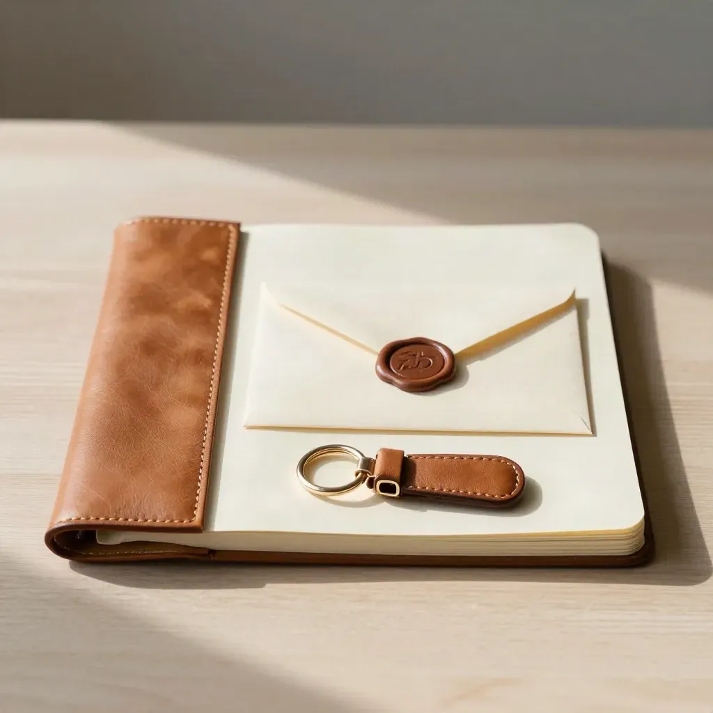 Top-down brief packet with leather folio, notebook, sealed envelope, and key fob on pale wood.
