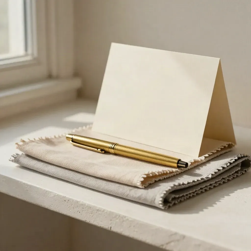 Brass pen, fabric swatches, and folded card on a plaster shelf