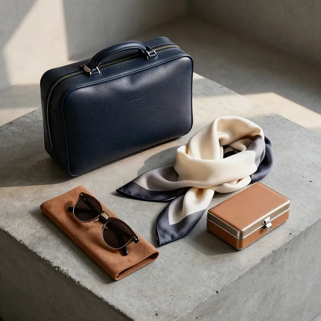 Overhead travel set with leather case, scarf, sunglasses sleeve and watch box on concrete.