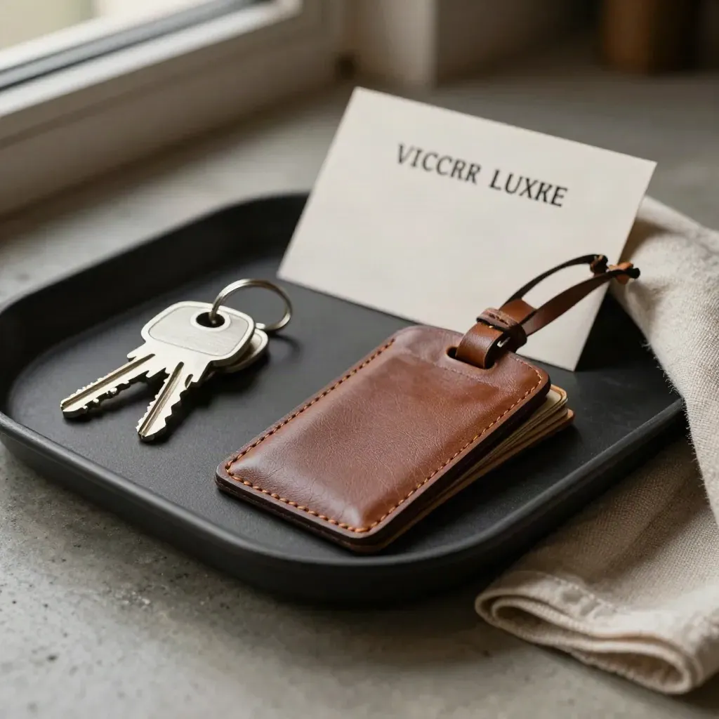 Black valet tray with keys, cord bundle, and blank luggage tag on concrete.