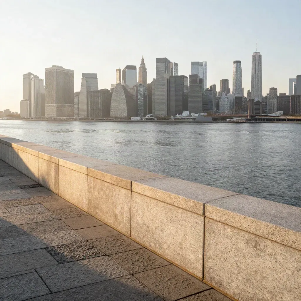 Manhattan skyline and bridges over a misty Hudson from a travertine terrace at sunrise