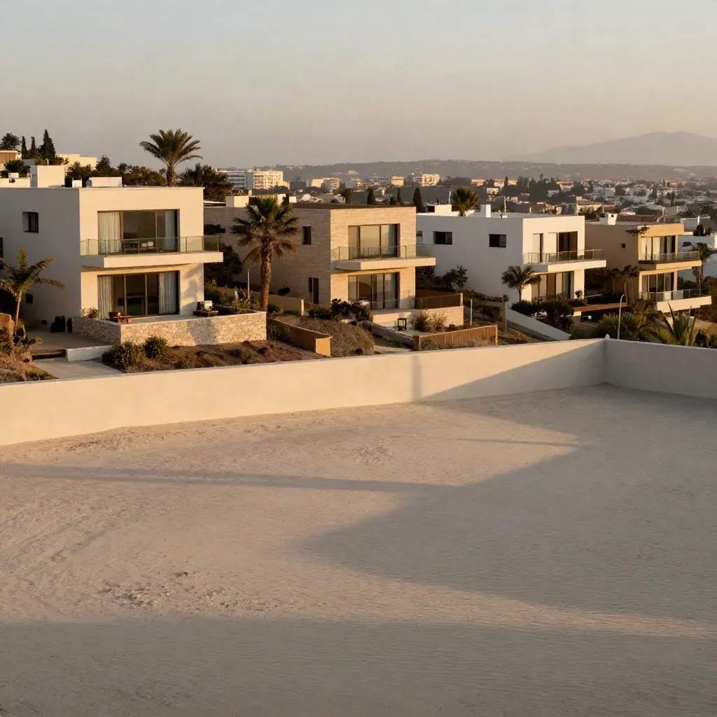 Golden-hour Los Angeles hillside homes above a hazy basin and distant downtown shimmer.