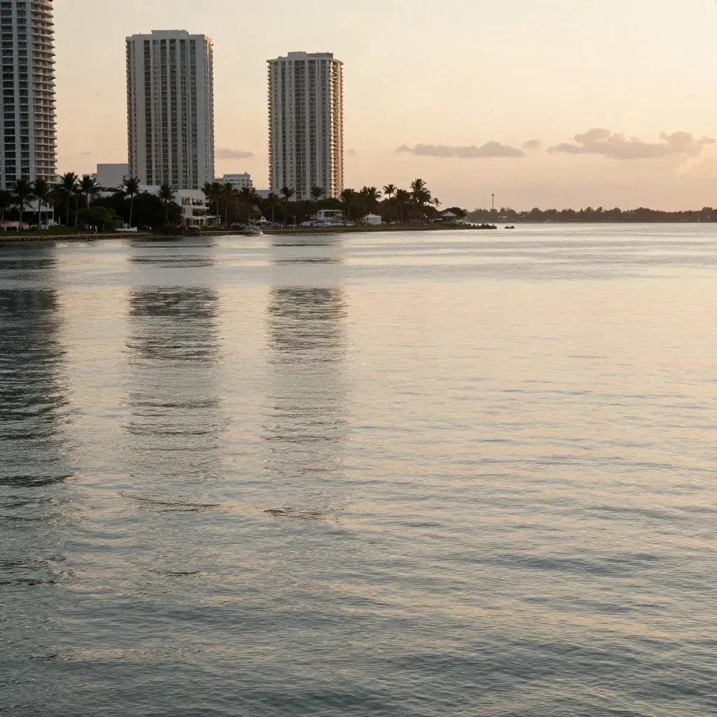 Miami skyline above a calm bay at dusk with palms and soft haze
