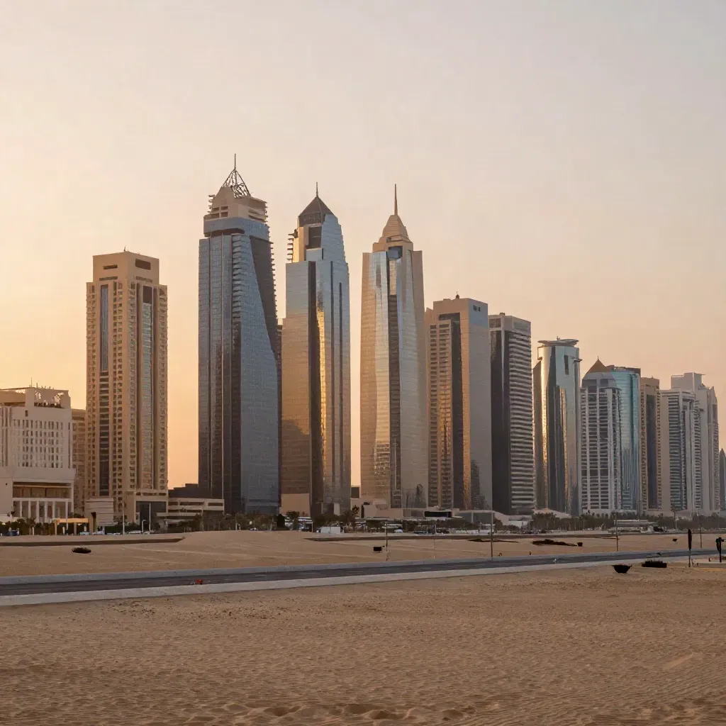 Dubai skyline at golden hour with empty boulevard and desert haze