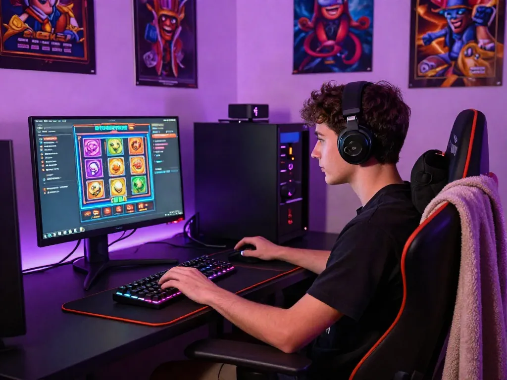 Engaged gamer enjoying slot gacor hari ini on a vibrant gaming setup with colorful visuals.