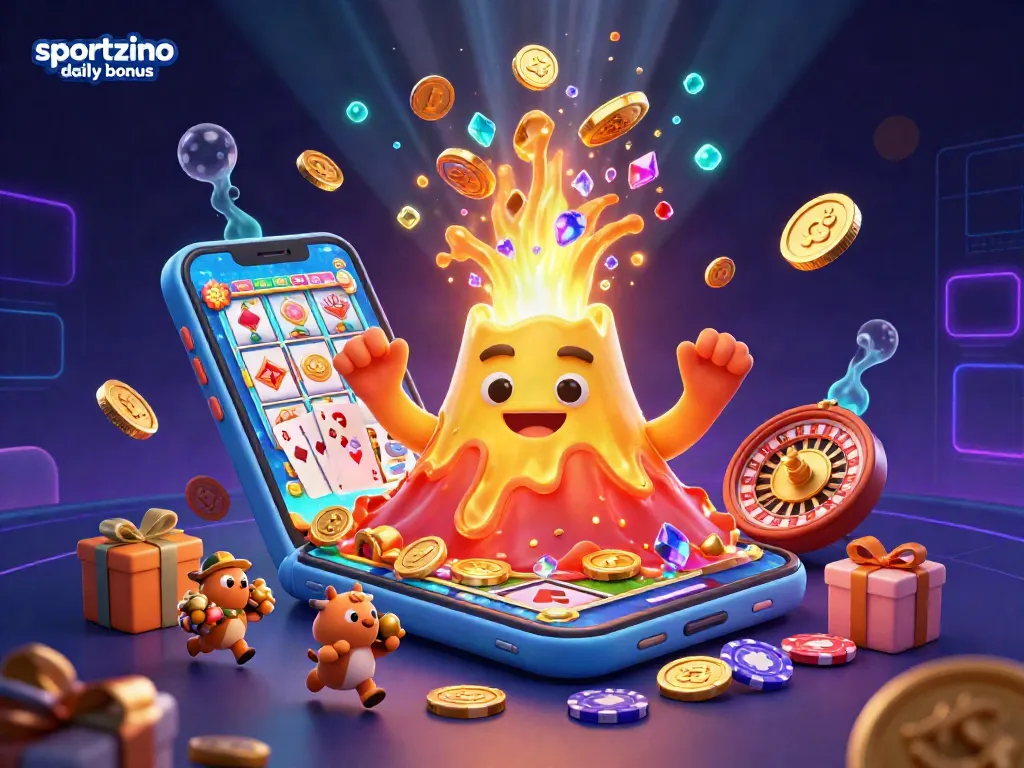 Claim your sportzino daily bonus with a vibrant slot-themed explosion of coins and excitement.