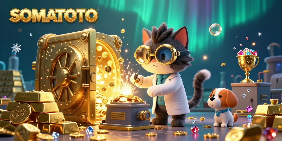 SOMATOTO strategy illustrated with a mad scientist cat and lab assistant dog crafting gold coins amidst treasure, sparks, and gems.
