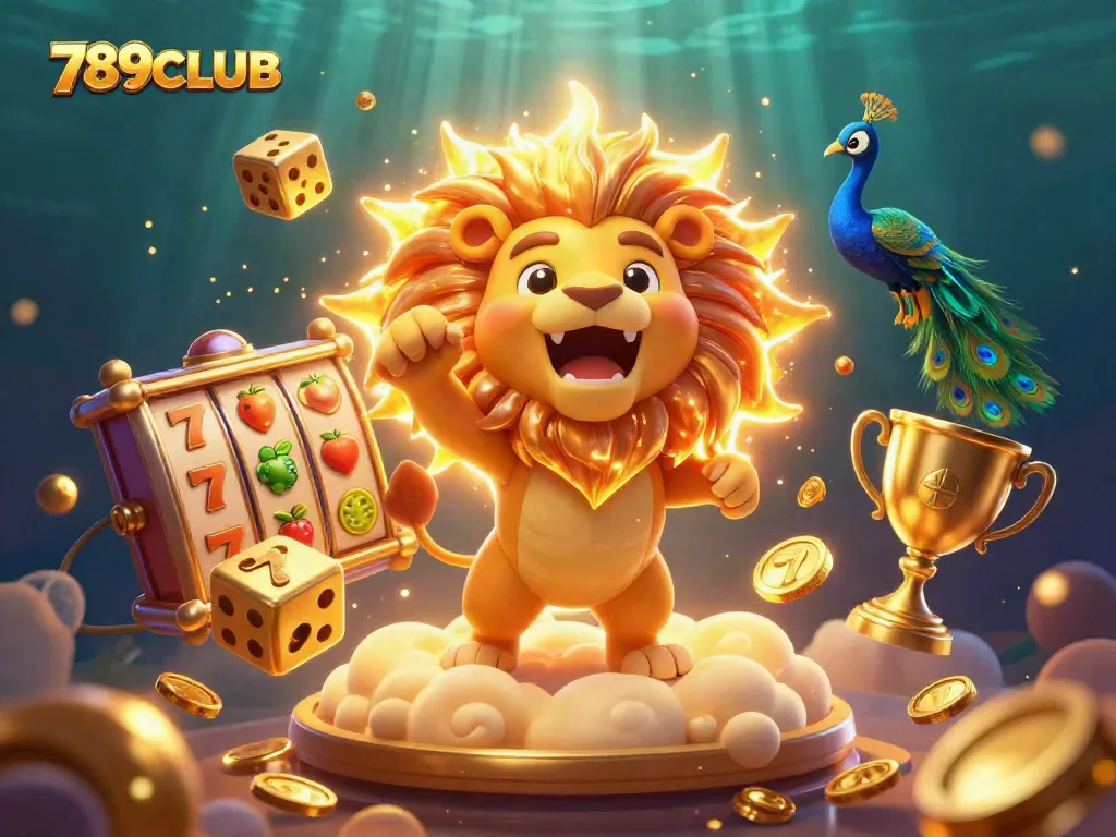 Experience the thrills of 789CLUB with a captivating 3D illustration of a majestic lion and gaming elements.