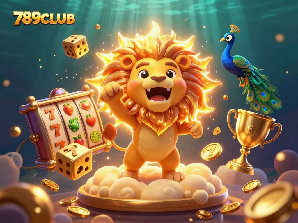 Experience the thrills of 789CLUB with a captivating 3D illustration of a majestic lion and gaming elements.