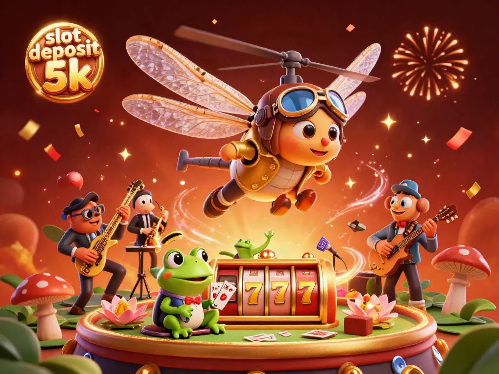 Engage with thrilling games at slot deposit 5k, featuring vibrant 3D illustrations of slots and energetic characters.