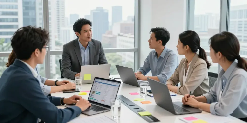 Michael Rustom Consultant engaged in a productive meeting with clients in a modern office.