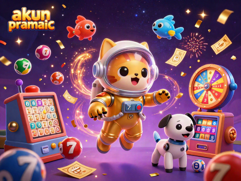 A stunning 3D illustration showcasing akun pragmatic with a space astronaut cat, versatile slot reels, and dynamic gaming elements.
