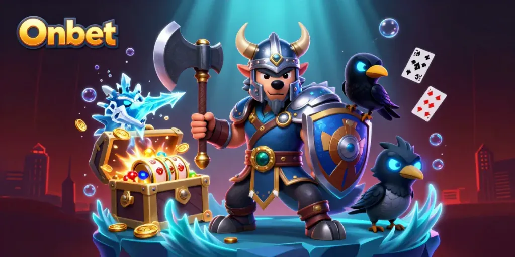 Engage with Onbet through a vibrant underwater scene featuring a Viking warrior, dragon, and slot machines.