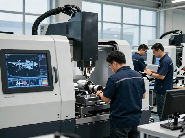 Leading aerospace CNC parts manufacturers in a high-tech facility with engineers collaborating on precision machining.