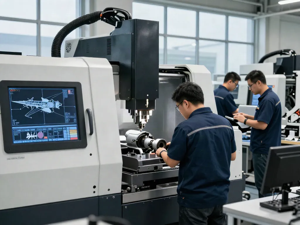 Leading aerospace CNC parts manufacturers in a high-tech facility with engineers collaborating on precision machining.