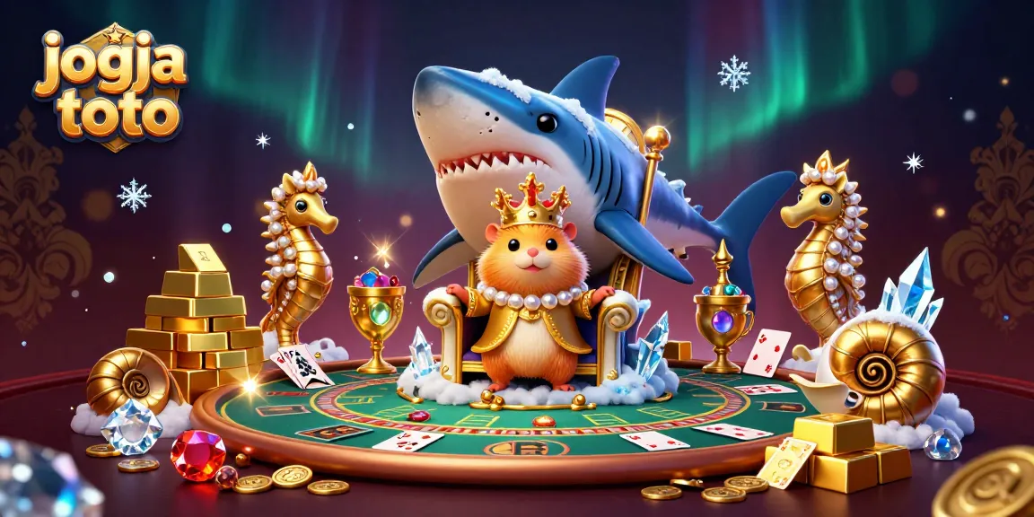 Experience the excitement of jogja toto with a 3D scene of vibrant casino elements and characters.