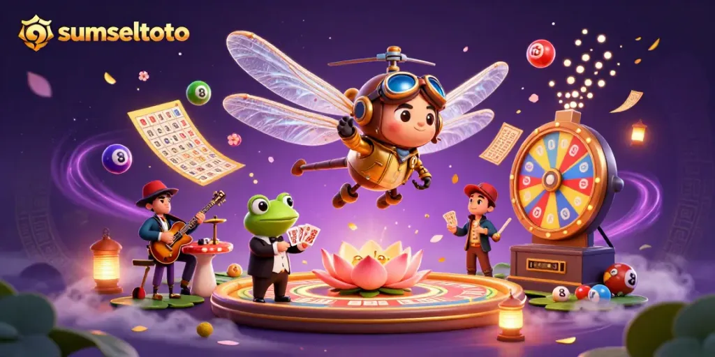 Experience thrilling gameplay in sumseltoto as a frog croupier deals cards amidst colorful lottery elements.