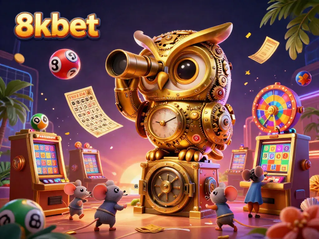 Experience thrilling gaming action at 8xbet with a whimsical casino scene featuring playful characters and dynamic game elements.