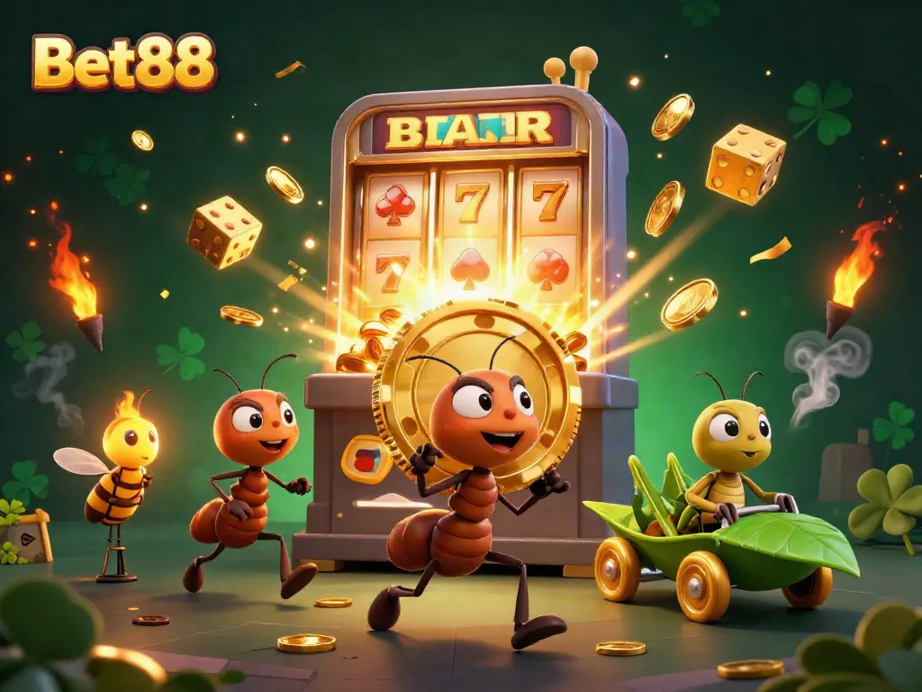 Những con kiến mang một chip poker khổng lồ và khám phá Bet88 trong không gian casino ấn tượng.