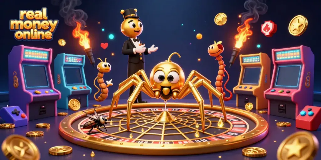 A colorful 3D gambling scene showcasing a real money casino online with a golden spider and centipede croupier.
