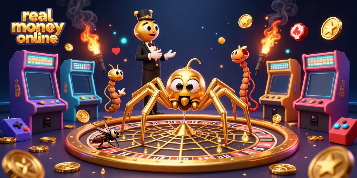 A colorful 3D gambling scene showcasing a real money casino online with a golden spider and centipede croupier.