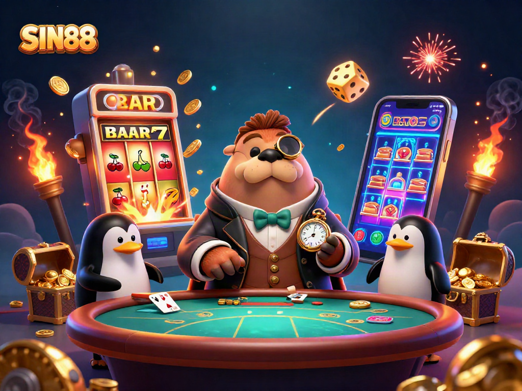 SIN88 brings gamblers to life with a jolly walrus, sophisticated penguin dealer, and pufferfish bluffer at an underwater poker table.