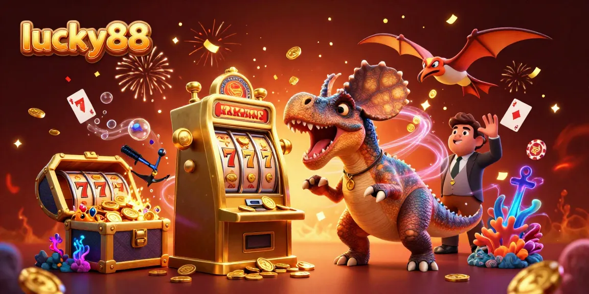 Experience the excitement at lucky88 as a pachycephalosaurus celebrates big wins with coins flying around.