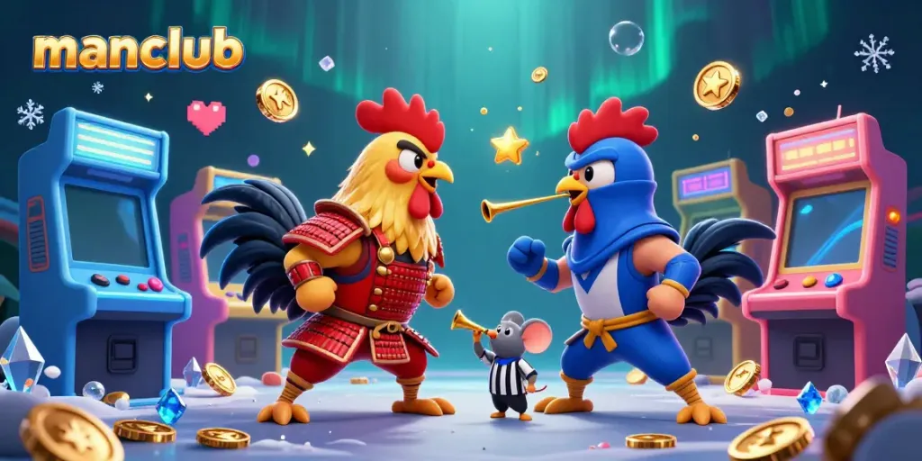 Experience thrilling battles at manclub with epic fighting roosters and vibrant casino-themed visuals.
