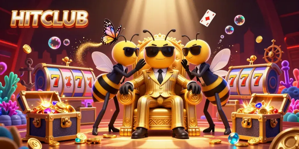 Experience the excitement of HITCLUB with vibrant gaming characters amidst stunning casino elements.