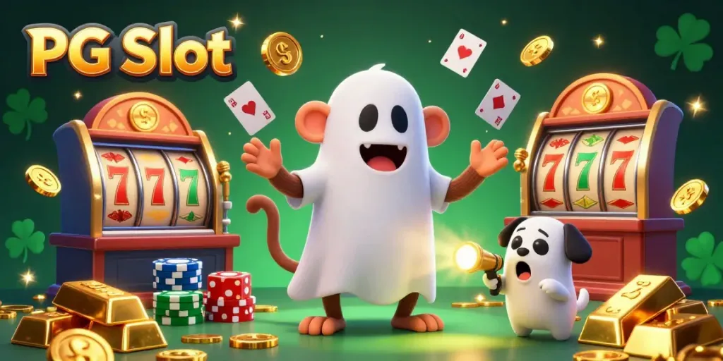 Engage with PG Slot gameplay featuring a mischievous poltergeist monkey and curious puppy in a vibrant casino.