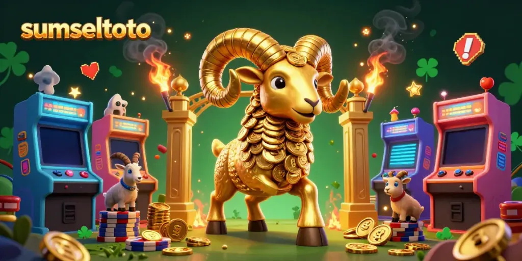 Experience the thrilling gaming adventure of sumseltoto with a golden ram charging, surrounded by vibrant casino elements.