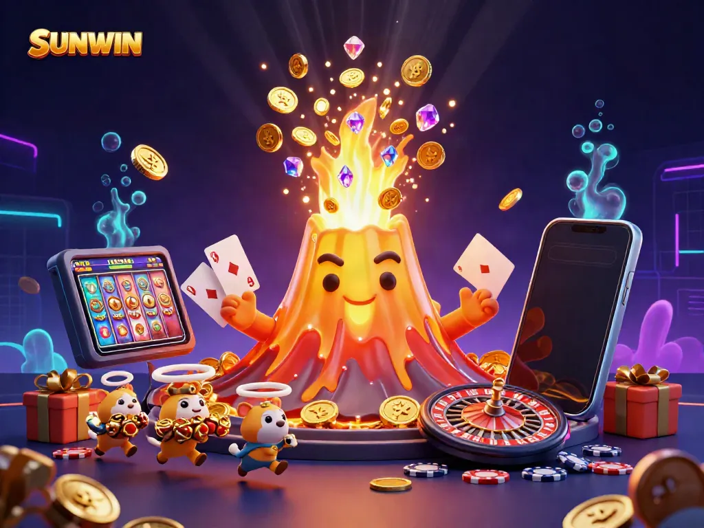 Experience gambling excitement with SUNWIN's colorful volcano erupting coins in a dynamic casino scene.