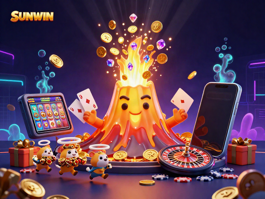 Experience gambling excitement with SUNWIN's colorful volcano erupting coins in a dynamic casino scene.