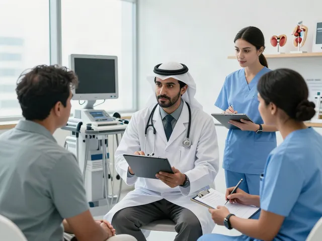 Prostate cancer specialists in Abu Dhabi consulting with a patient in a modern clinic setting, showcasing expert care.
