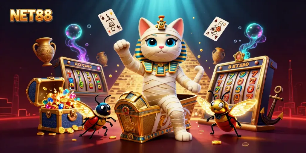 Experience dynamic gaming action at NET88 with an Egyptian mummy cat and golden treasures.