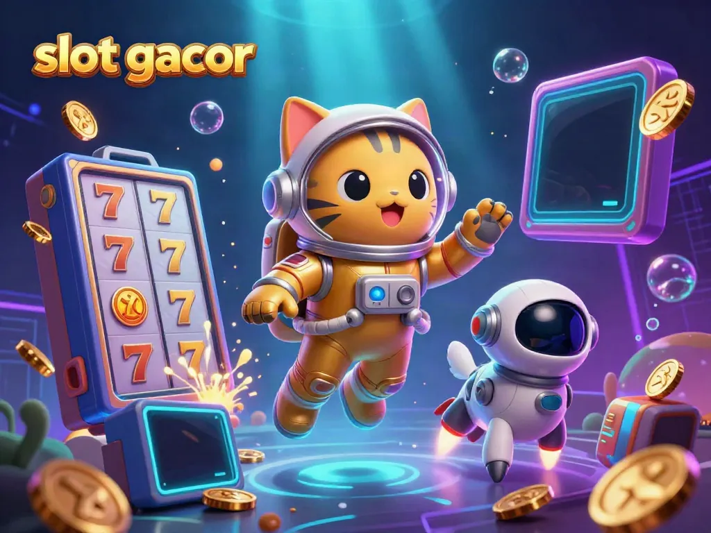 Experience the thrill of slot gacor with a cosmic illustration featuring vibrant slot games and a golden cat astronaut.