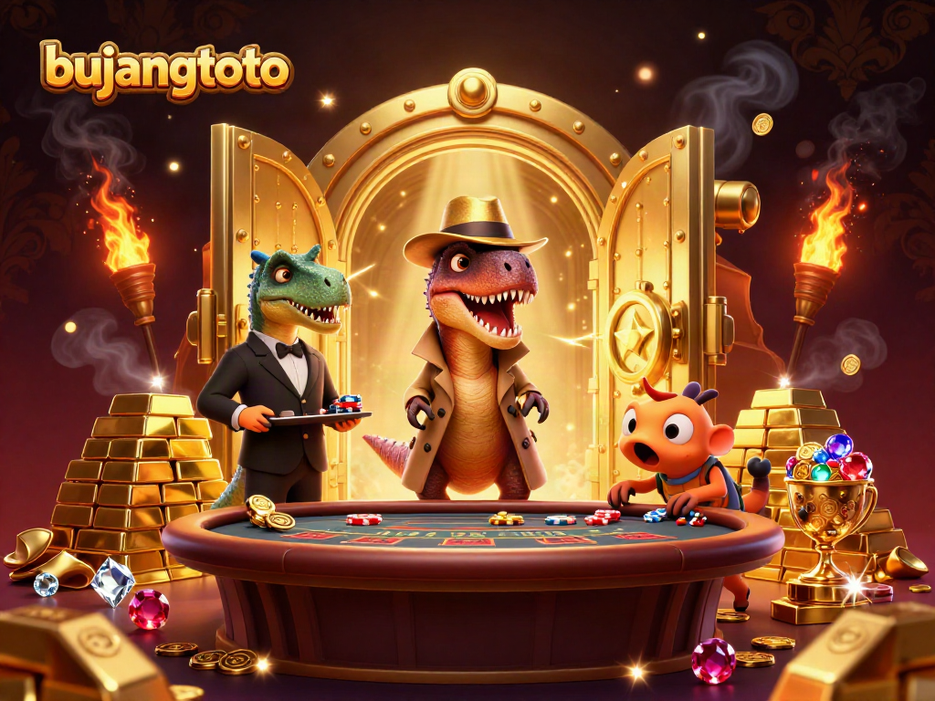 Bujangtoto showcases a velociraptor card counter at a blackjack table, surrounded by gold and jewels.