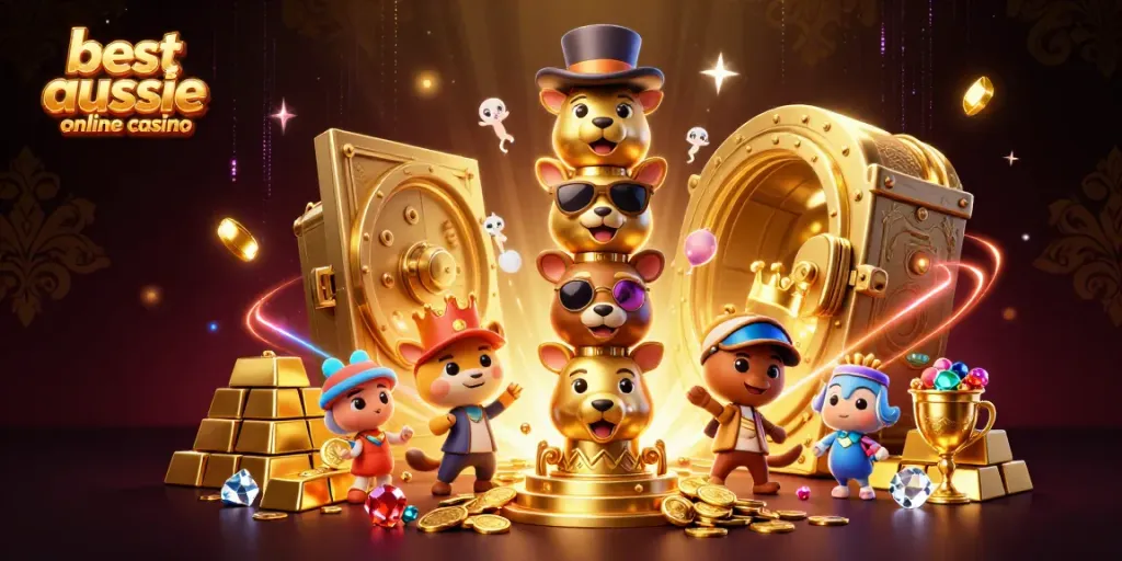 Experience the excitement of the best aussie online casino in a vibrant, animated scene filled with treasures and game elements.
