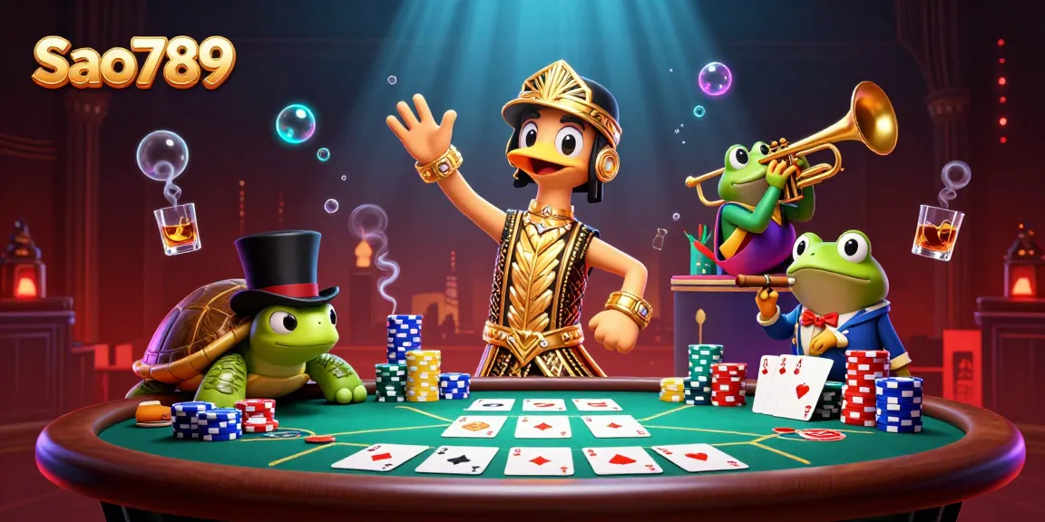 Sao789 showcases a lively speakeasy casino scene with dynamic characters and gambling elements.
