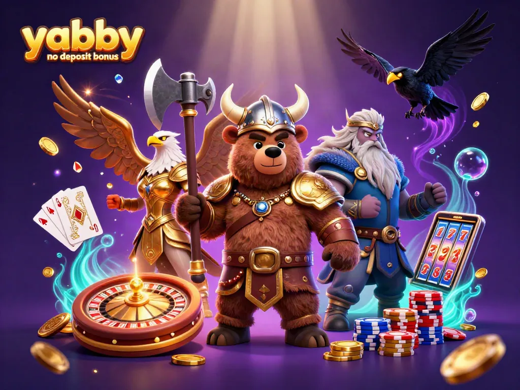 Spin and win with the yabby no deposit bonus, featuring a Viking bear and Valkyrie eagle in a casino scene.