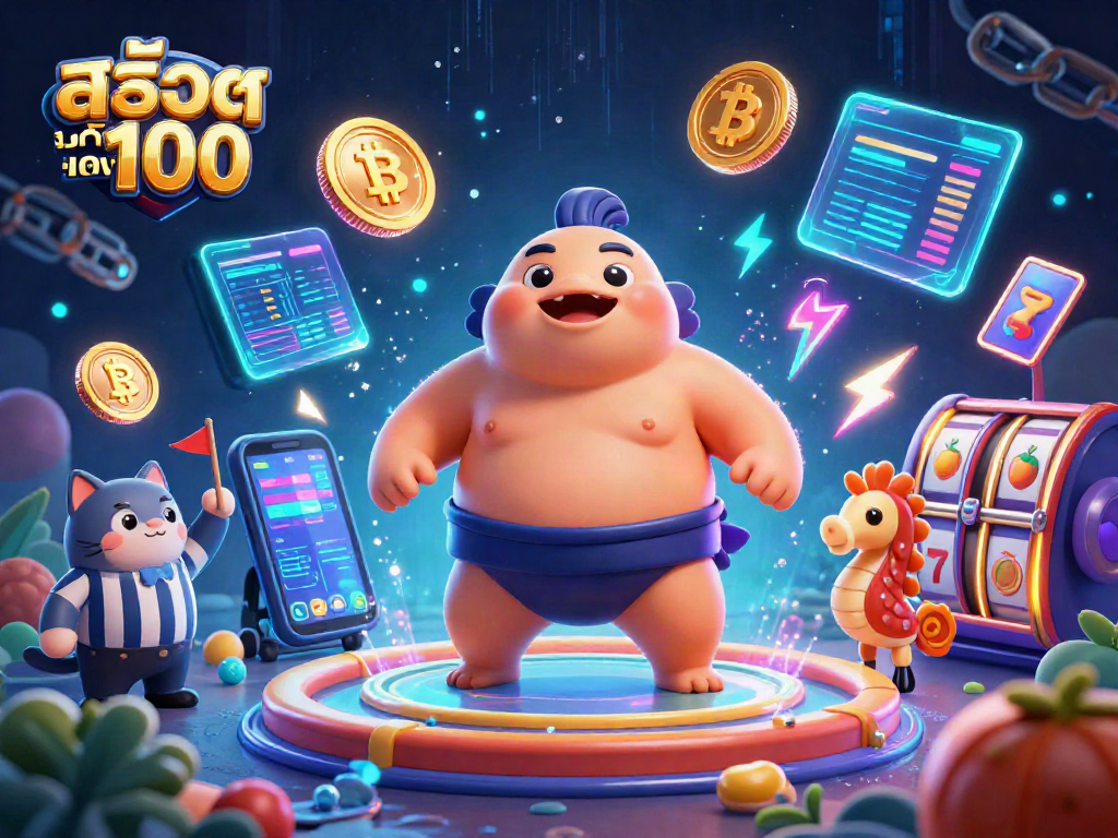 Engage with สล็อตเว็บตรง100 in this vibrant underwater casino scene, featuring a fugu character in a sumo belt.