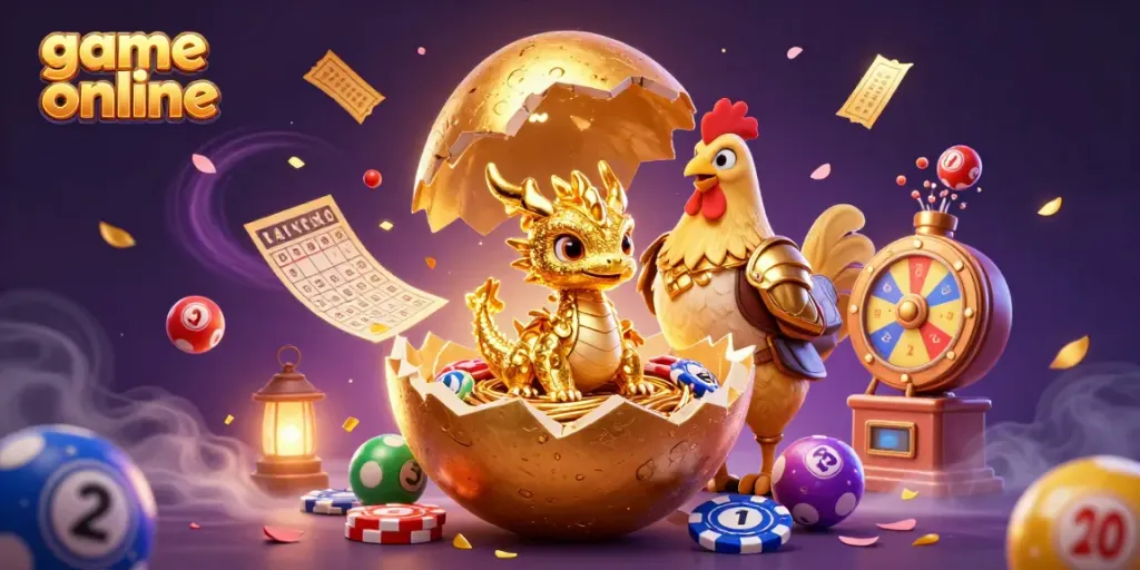 Engage in game online excitement with a golden dragon amidst casino elements in this dynamic illustration.