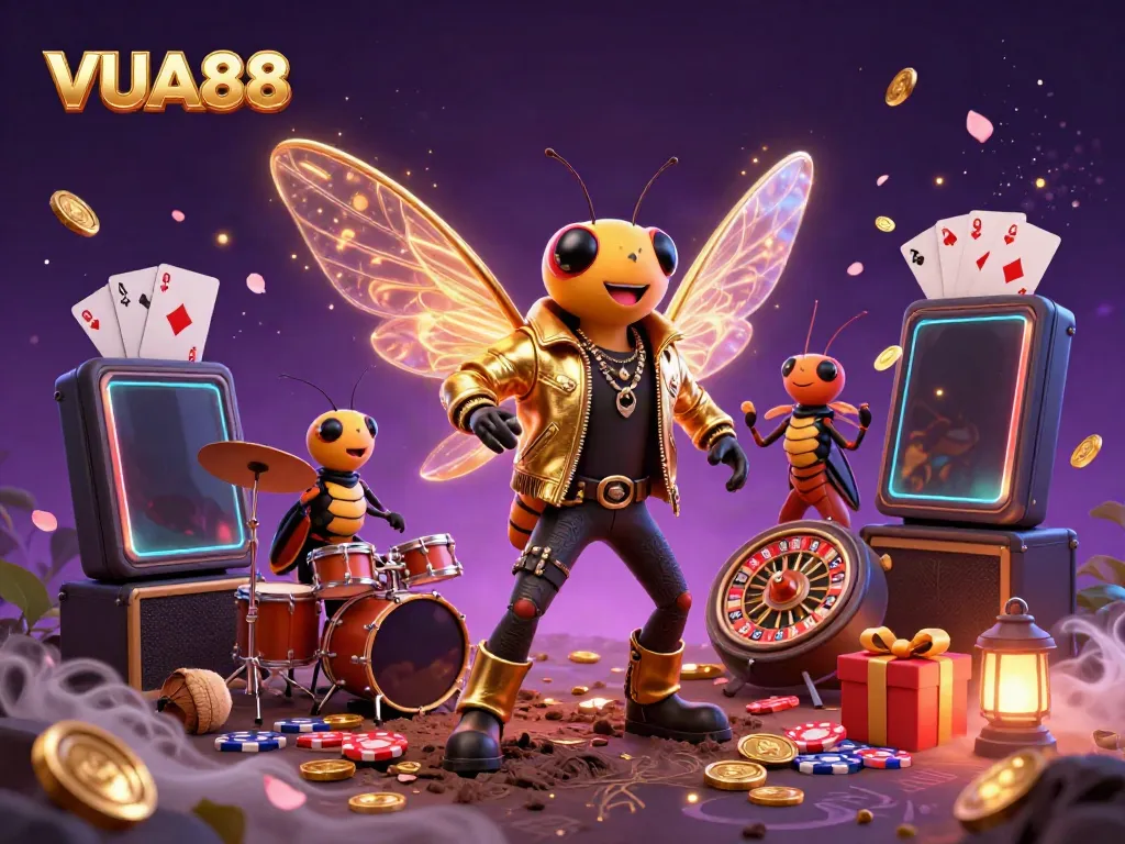 Experience the excitement of VUA88 with a vibrant casino scene featuring characters and dynamic game elements.