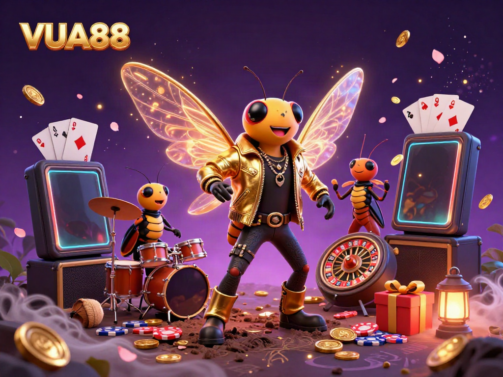 Experience the excitement of VUA88 with a vibrant casino scene featuring characters and dynamic game elements.
