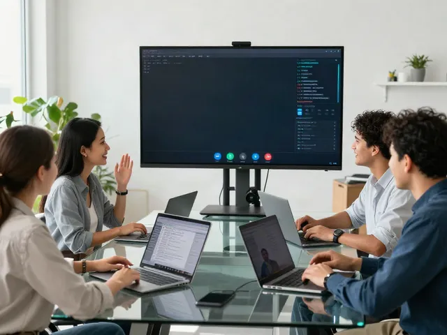 Deepfake protected meetings in a modern digital conference room with team members collaborating securely.