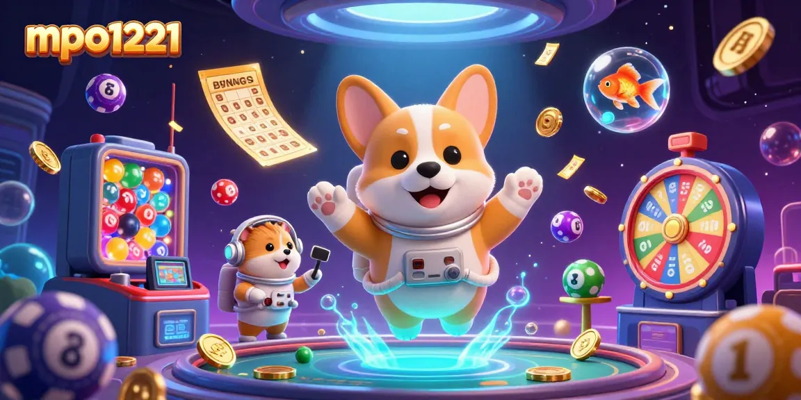 Play exciting games at mpo1221 with a cosmic-themed illustration showcasing fun elements like poker chips and lottery balls.