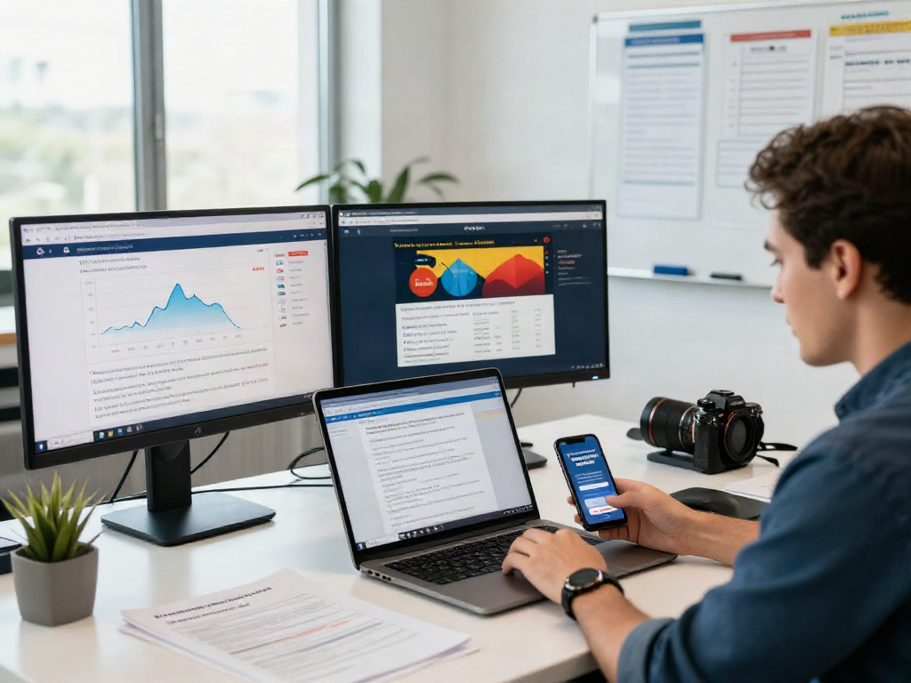 먹튀검증 expert analyzing online gambling sites for safety and compliance in a modern office.