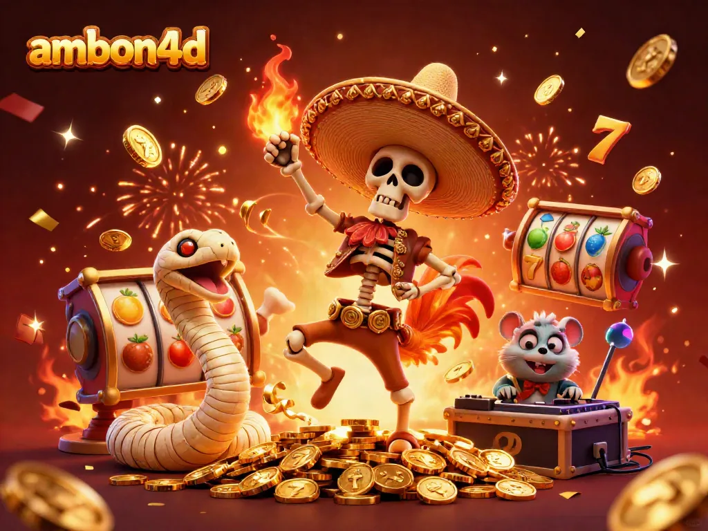 Join the excitement of ambon4d with a vibrant victory dance scene featuring a mariachi rooster and casino symbols.