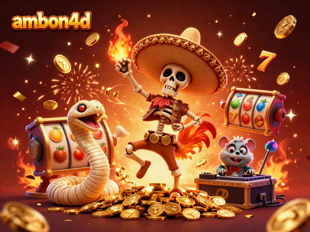 Join the excitement of ambon4d with a vibrant victory dance scene featuring a mariachi rooster and casino symbols.