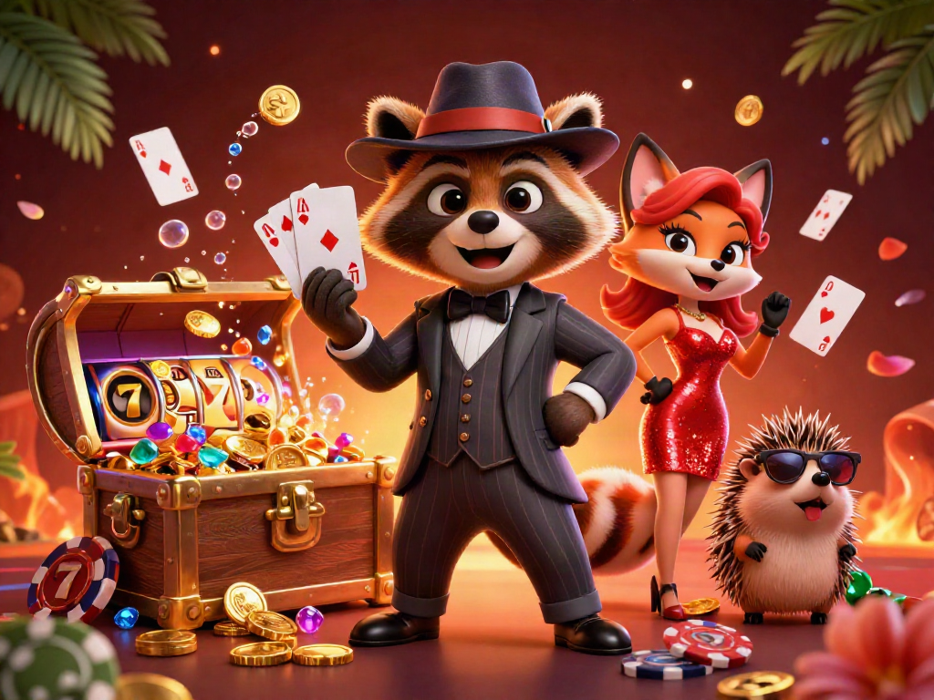 Engage with thrilling 82vn gaming action featuring a raccoon, fox, and hedgehog with vibrant casino elements.